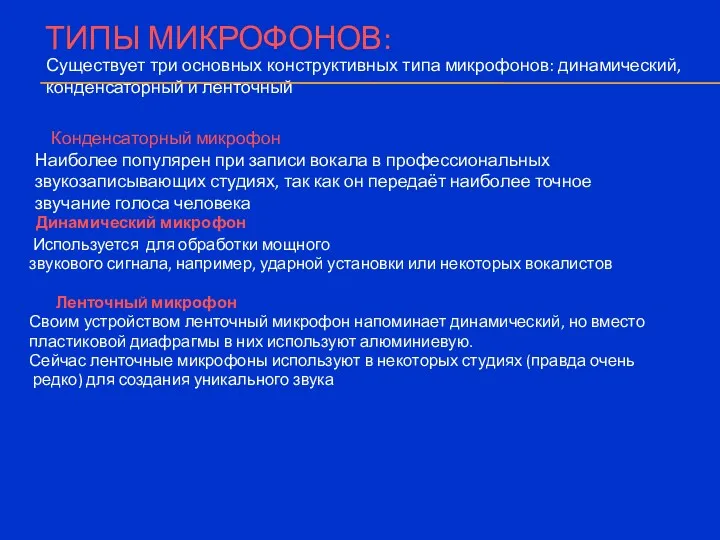 ТИПЫ МИКРОФОНОВ: Динамический микрофон Используется для обработки мощного звукового сигнала,