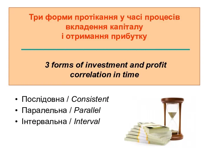 Три форми протікання у часі процесів вкладення капіталу і отримання прибутку ______________________________________ 3