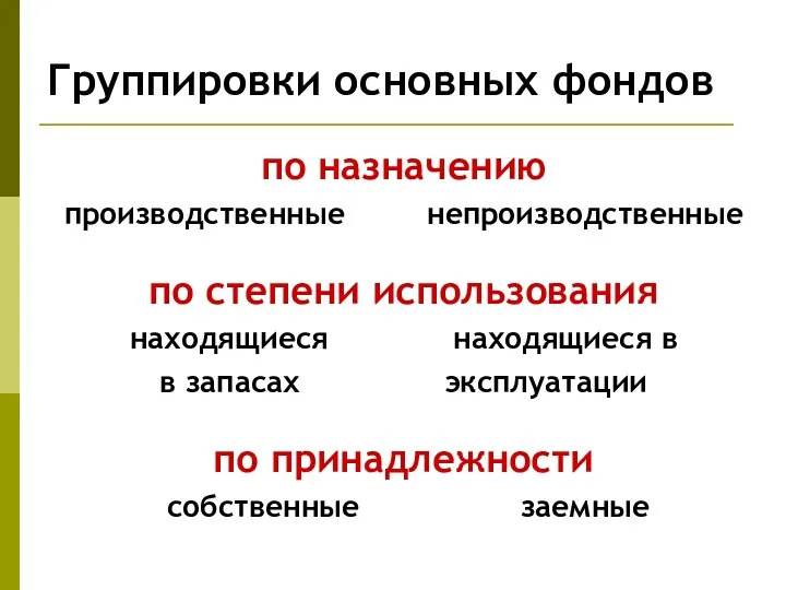 Группировки основных фондов по назначению производственные непроизводственные по степени использования