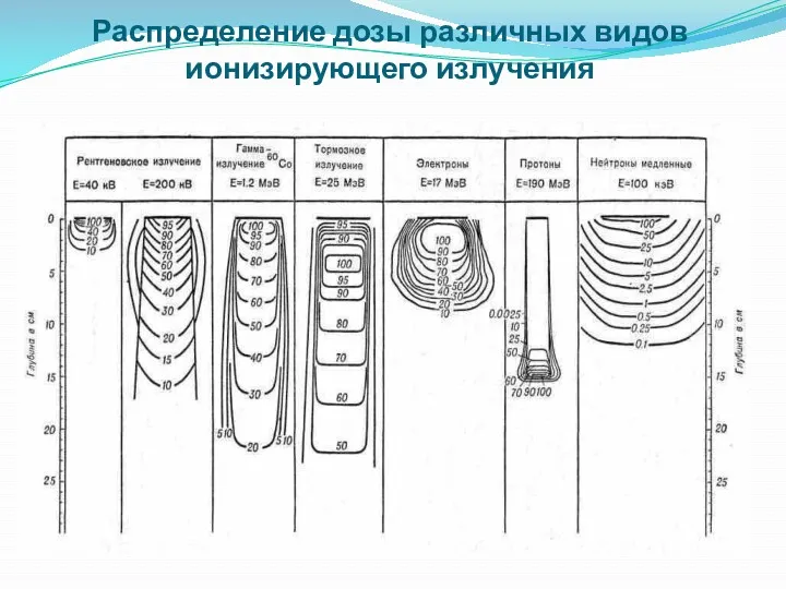 Распределение дозы различных видов ионизирующего излучения