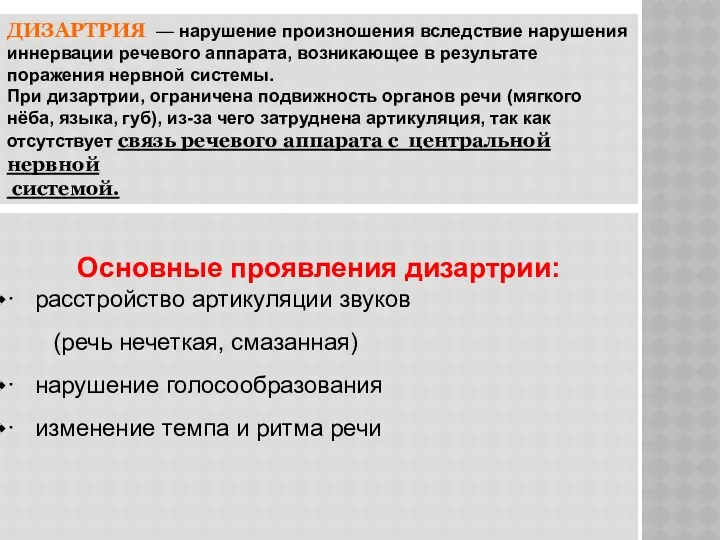 ДИЗАРТРИЯ — нарушение произношения вследствие нарушения иннервации речевого аппарата, возникающее