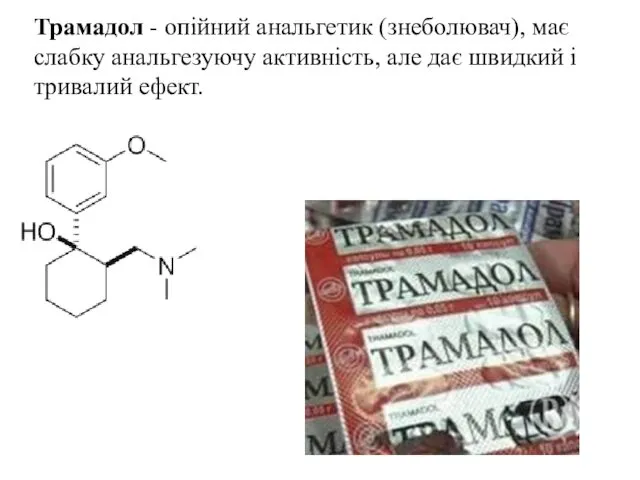 Трамадол - опійний анальгетик (знеболювач), має слабку анальгезуючу активність, але дає швидкий і тривалий ефект.