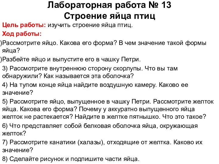 Лабораторная работа № 13 Строение яйца птиц Цель работы: изучить