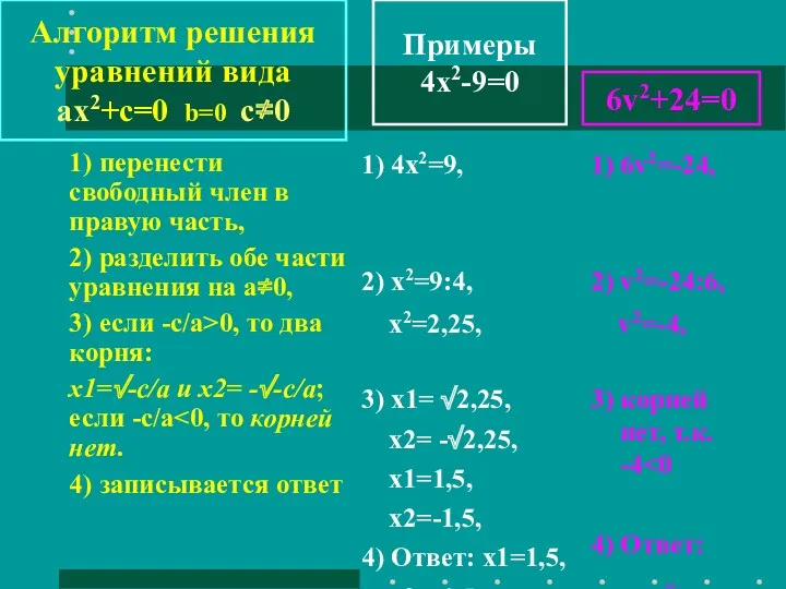 Примеры 4x2-9=0 1) перенести свободный член в правую часть, 2)