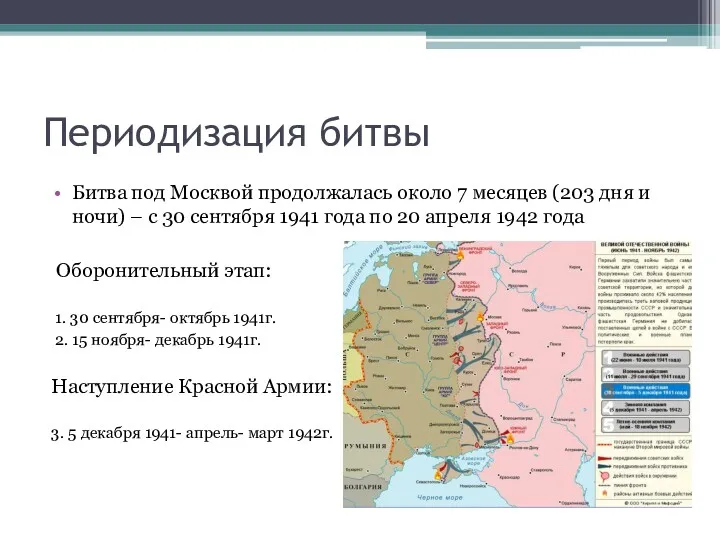 Периодизация битвы Битва под Москвой продолжалась около 7 месяцев (203