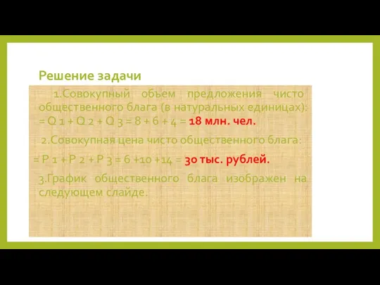 Решение задачи 1.Совокупный объем предложения чисто общественного блага (в натуральных