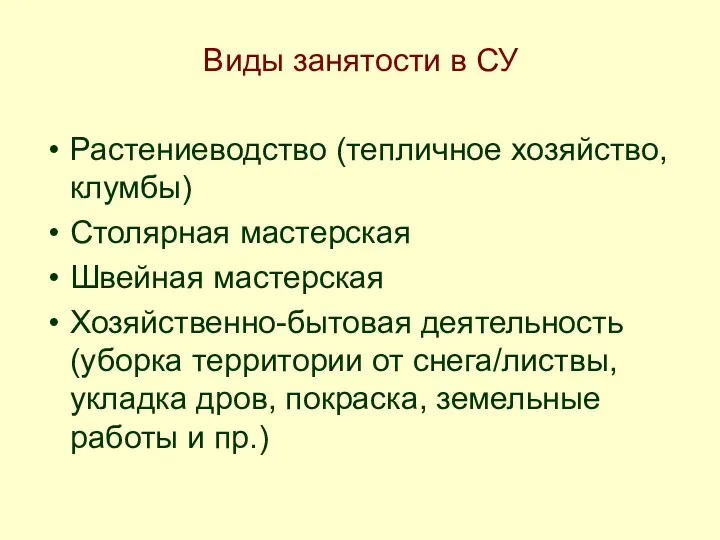 Растениеводство (тепличное хозяйство, клумбы) Столярная мастерская Швейная мастерская Хозяйственно-бытовая деятельность