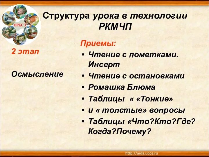 Структура урока в технологии РКМЧП 2 этап Осмысление Приемы: Чтение