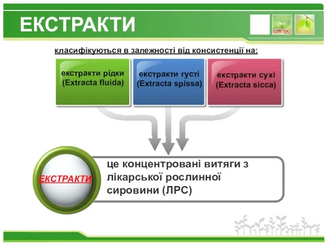 ЕКСТРАКТИ екстракти рідки (Extracta fluida) екстракти густі (Extracta spissa) екстракти