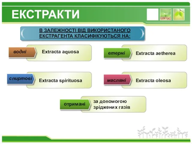 ЕКСТРАКТИ водні спиртові масляні етерні отримані В ЗАЛЕЖНОСТІ ВІД ВИКОРИСТАНОГО