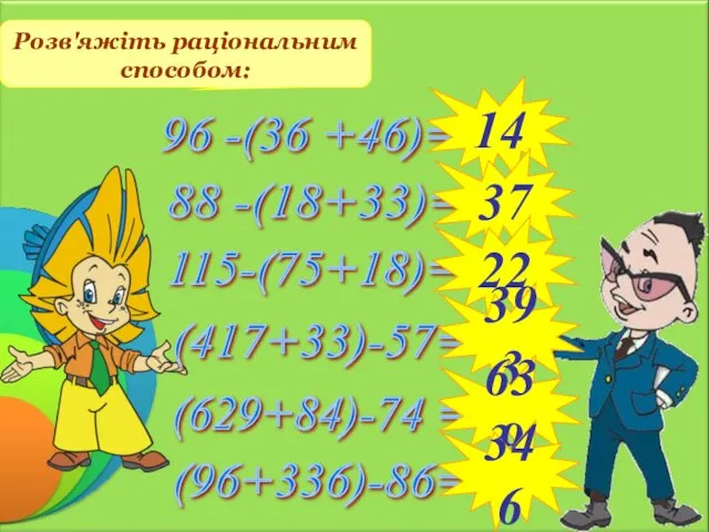 Розв'яжіть раціональним способом: 96 -(36 +46)= 88 -(18+33)= 115-(75+18)= (417+33)-57=