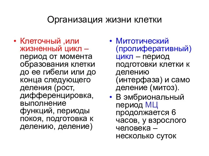 Организация жизни клетки Клеточный ,или жизненный цикл – период от момента образования клетки