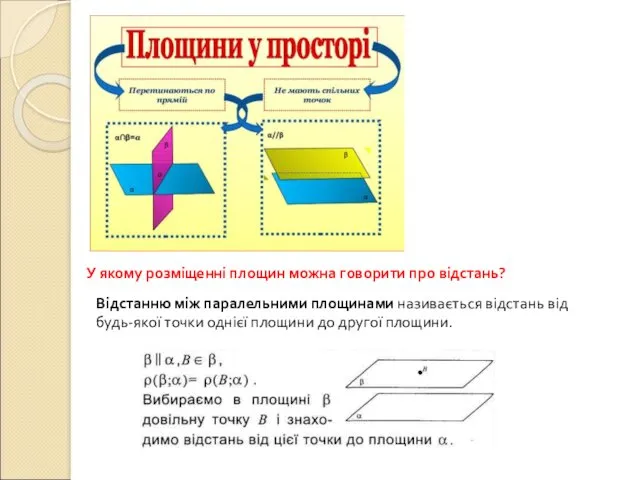 У якому розміщенні площин можна говорити про відстань? Відстанню між