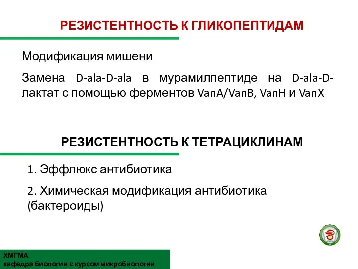 РЕЗИСТЕНТНОСТЬ К ГЛИКОПЕПТИДАМ Модификация мишени Замена D-ala-D-ala в мурамилпептиде на