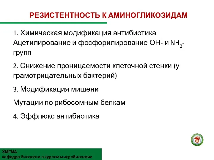 РЕЗИСТЕНТНОСТЬ К АМИНОГЛИКОЗИДАМ 1. Химическая модификация антибиотика Ацетилирование и фосфорилирование