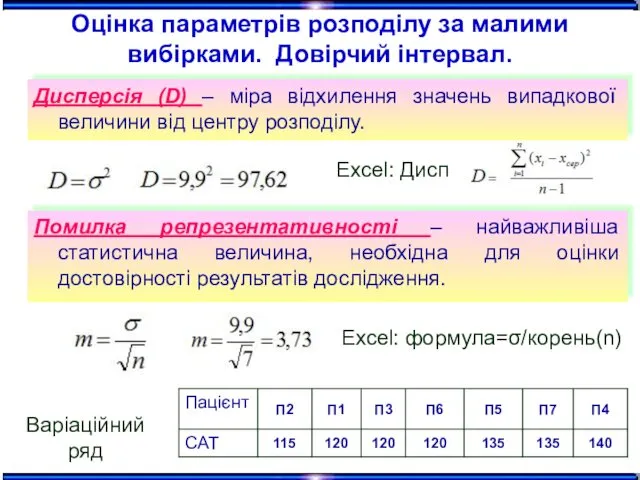 Варіаційний ряд Excel: формула=σ/корень(n) Помилка репрезентативності – найважливіша статистична величина,