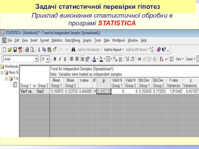 Етапи перевірки гіпотез. Приклад Задачі статистичної перевірки гіпотез Приклад виконання статистичної обробки в програмі STATISTICA