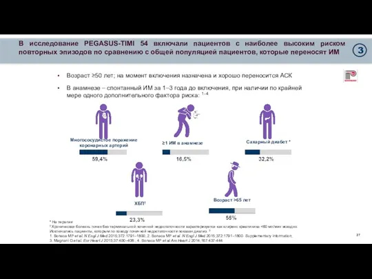 В исследование PEGASUS-TIMI 54 включали пациентов с наиболее высоким риском повторных эпизодов по