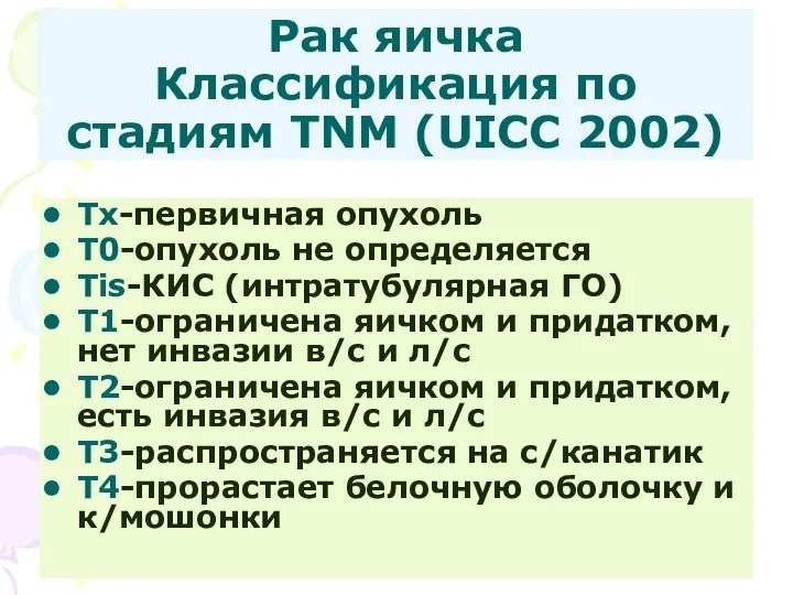 Рак яичка Классификация по стадиям TNM (UICC 2002) Тх-первичная опухоль