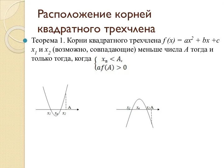 Расположение корней квадратного трехчлена Теорема 1. Корни квадратного трехчлена f