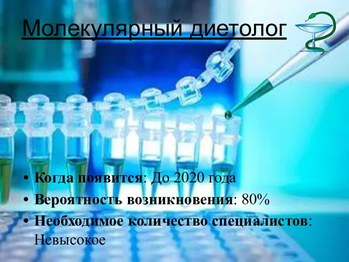 Когда появится: До 2020 года Вероятность возникновения: 80% Необходимое количество специалистов: Невысокое Молекулярный диетолог