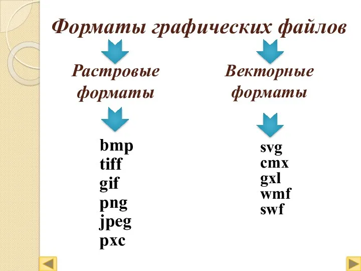 Растровые форматы Векторные форматы bmp tiff gif png jpeg pxc