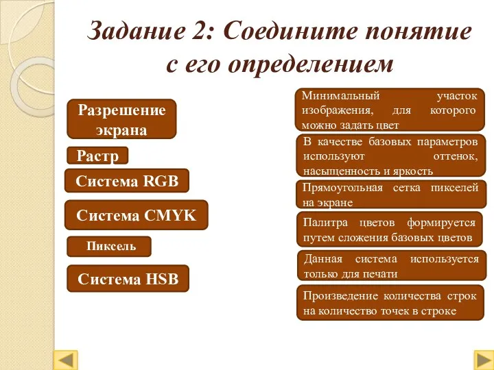 Задание 2: Соедините понятие с его определением Растр Пиксель Система RGB Система CMYK