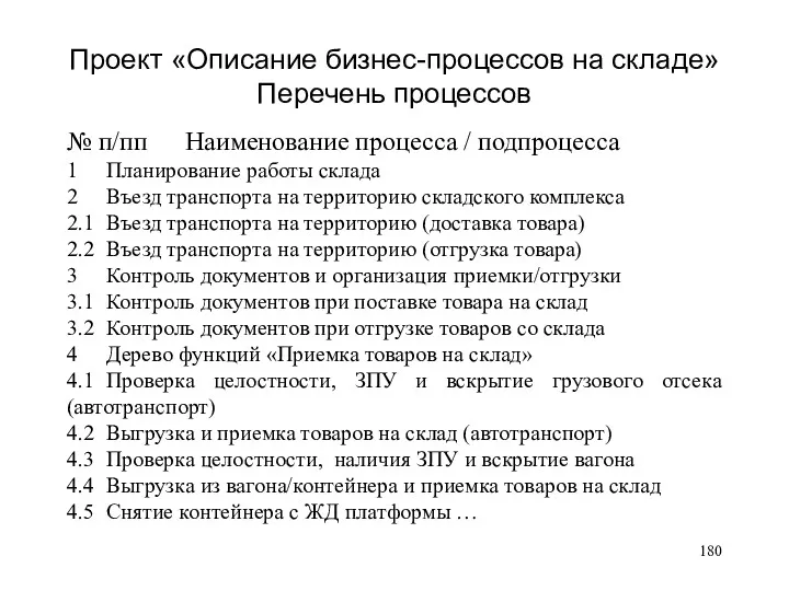 Проект «Описание бизнес-процессов на складе» Перечень процессов № п/пп Наименование процесса / подпроцесса