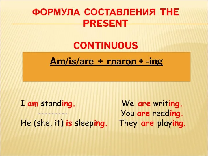ФОРМУЛА СОСТАВЛЕНИЯ THE PRESENT CONTINUOUS Am/is/are + глагол + -ing