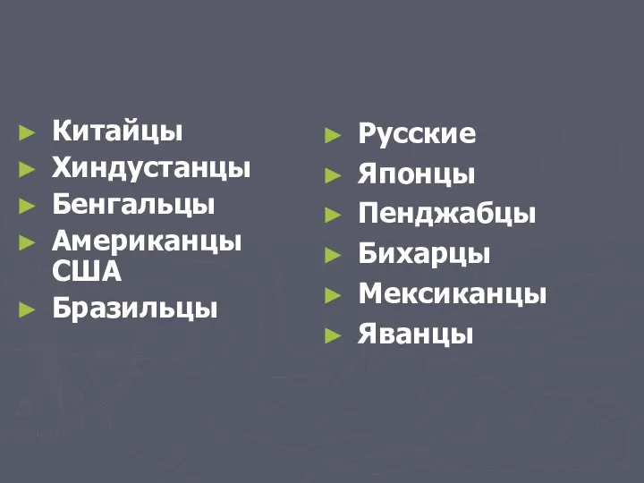 Китайцы Хиндустанцы Бенгальцы Американцы США Бразильцы Русские Японцы Пенджабцы Бихарцы Мексиканцы Яванцы