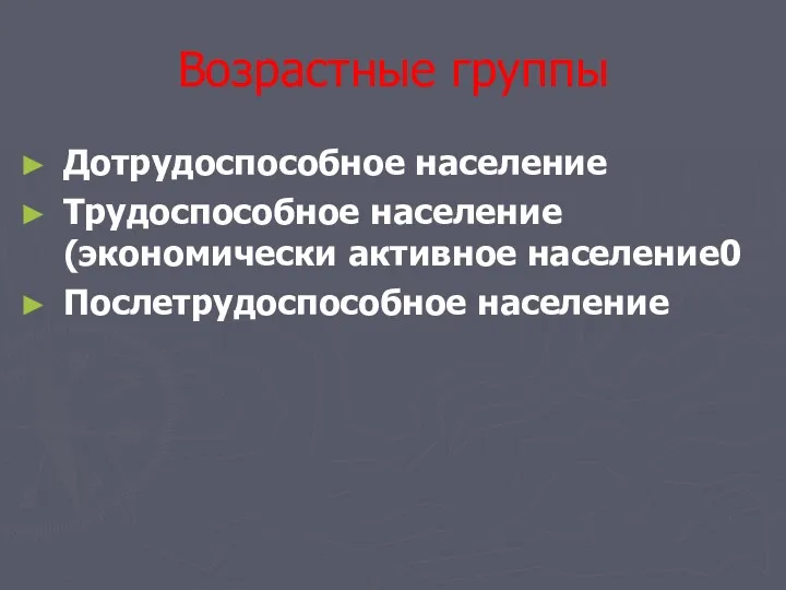 Возрастные группы Дотрудоспособное население Трудоспособное население (экономически активное население0 Послетрудоспособное население