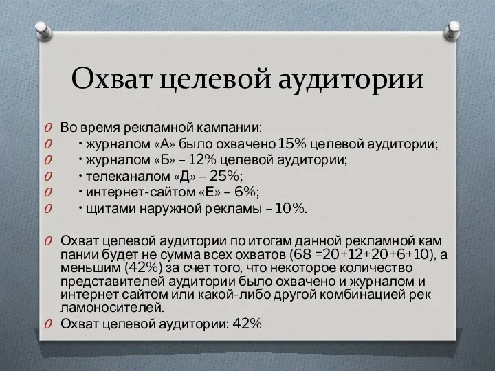 Охват целевой аудитории Во вре­мя рек­ламной кам­па­нии: • журналом «А»