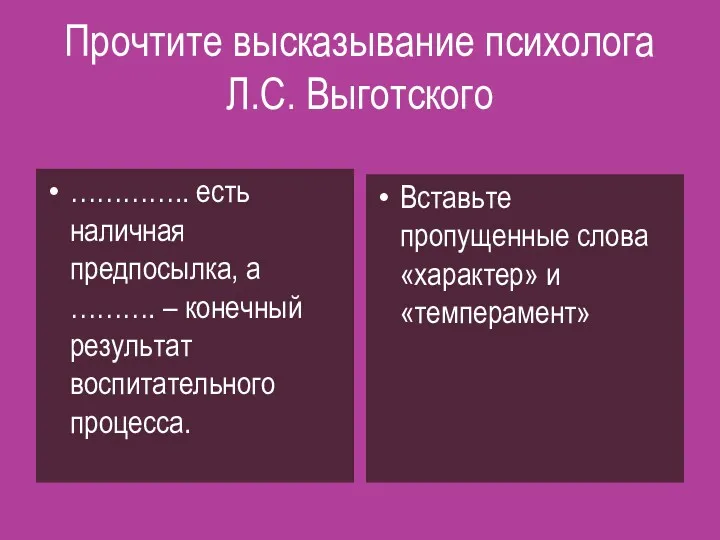 Прочтите высказывание психолога Л.С. Выготского ………….. есть наличная предпосылка, а