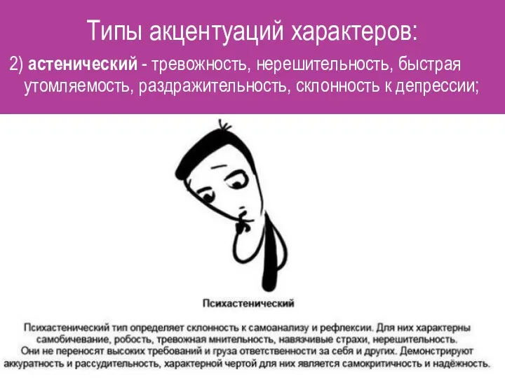 Типы акцентуаций характеров: 2) астенический - тревожность, нерешительность, быстрая утомляемость, раздражительность, склонность к депрессии;