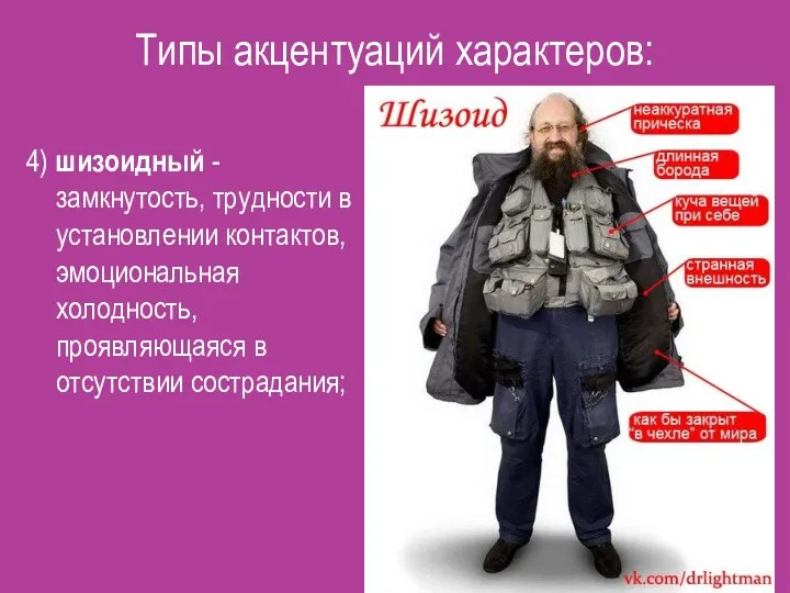 Типы акцентуаций характеров: 4) шизоидный - замкнутость, трудности в установлении