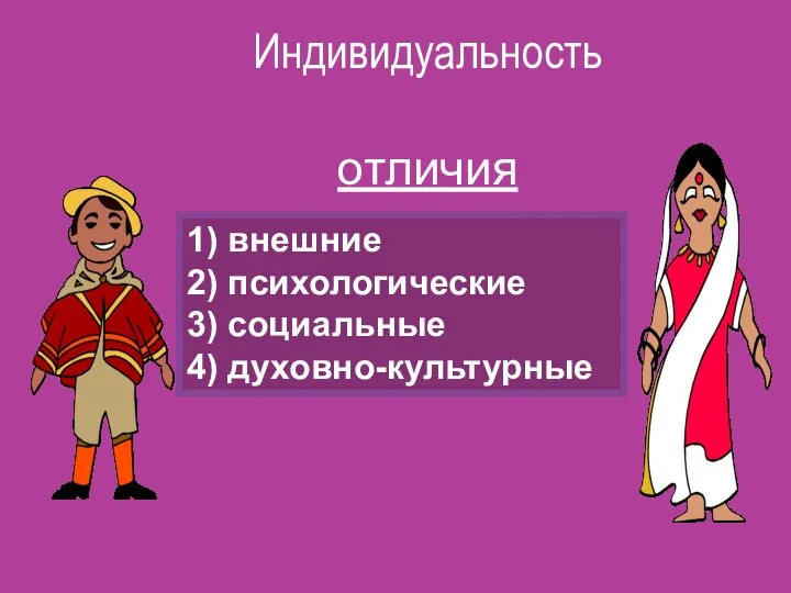 Индивидуальность отличия 1) внешние 2) психологические 3) социальные 4) духовно-культурные