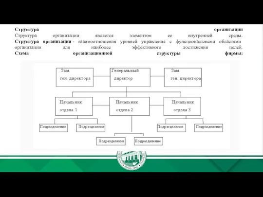 Структура организации Структура организации является элементом ее внутренней среды. Структура