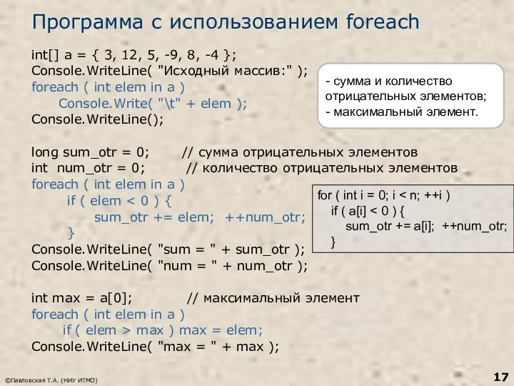 ©Павловская Т.А. (НИУ ИТМО) Программа с использованием foreach int[] a = { 3,