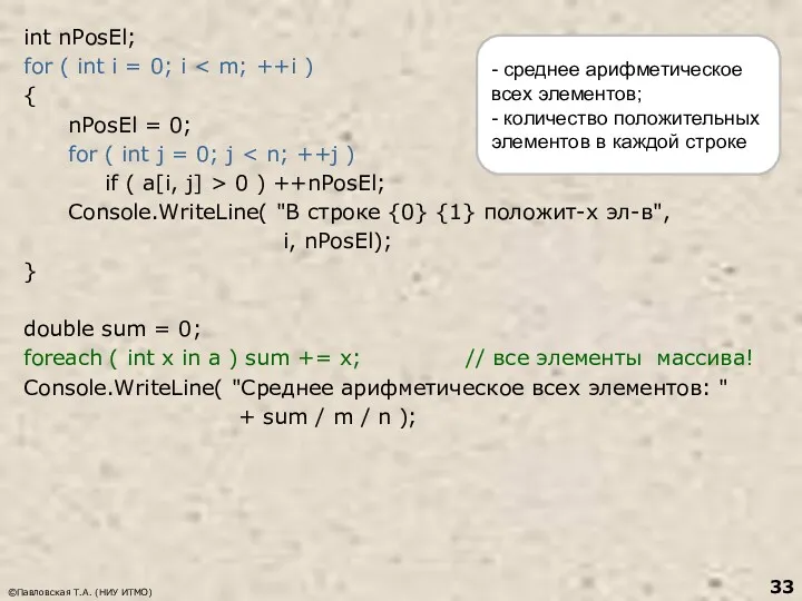 ©Павловская Т.А. (НИУ ИТМО) int nPosEl; for ( int i = 0; i