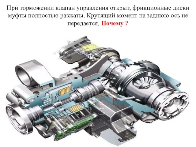 При торможении клапан управления открыт, фрикционные диски муфты полностью разжаты.