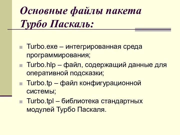 Основные файлы пакета Турбо Паскаль: Turbo.exe – интегрированная среда программирования;