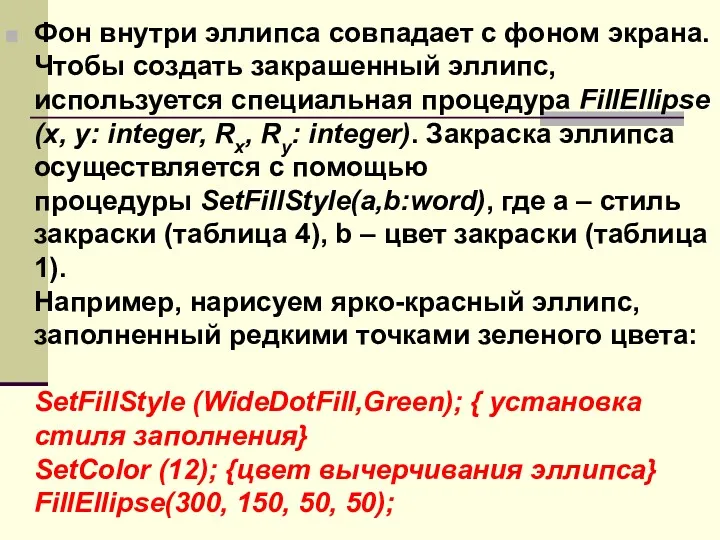 Фон внутри эллипса совпадает с фоном экрана. Чтобы создать закрашенный