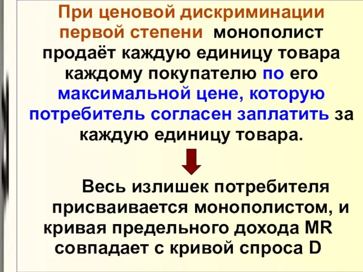 При ценовой дискриминации первой степени монополист продаёт каждую единицу товара