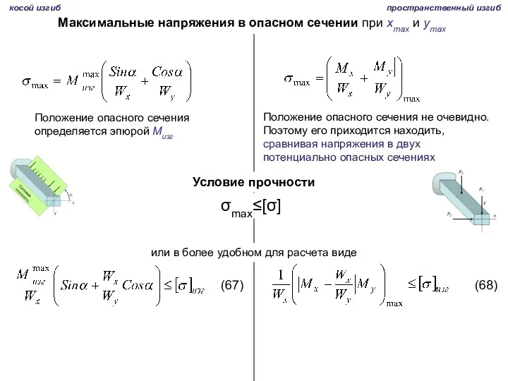 Максимальные напряжения в опасном сечении при xmax и ymax Положение