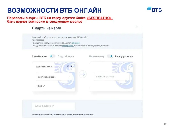 ВОЗМОЖНОСТИ ВТБ-ОНЛАЙН Переводы с карты ВТБ на карту другого банка