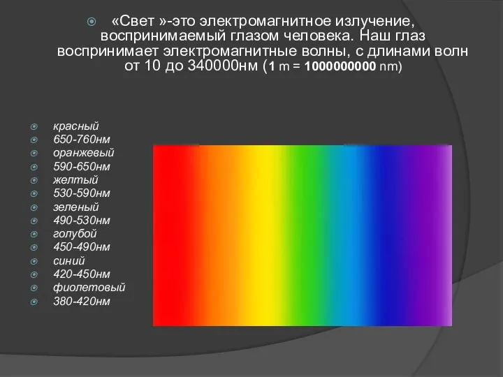 «Свет »-это электромагнитное излучение, воспринимаемый глазом человека. Наш глаз воспринимает