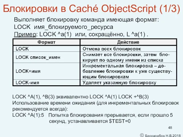 Блокировки в Caché ObjectScript (1/3) Выполняет блокировку команда имеющая формат: LOCK имя_блокируемого_ресурса Пример: