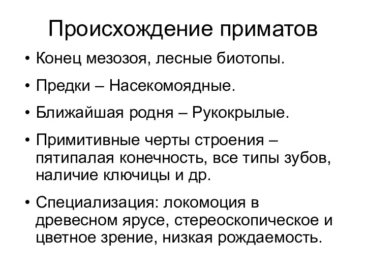 Происхождение приматов Конец мезозоя, лесные биотопы. Предки – Насекомоядные. Ближайшая родня – Рукокрылые.