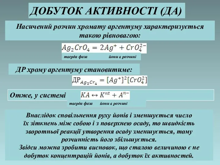 ДР хрому аргентуму становитиме: Насичений розчин хромату аргентуму характеризується такою