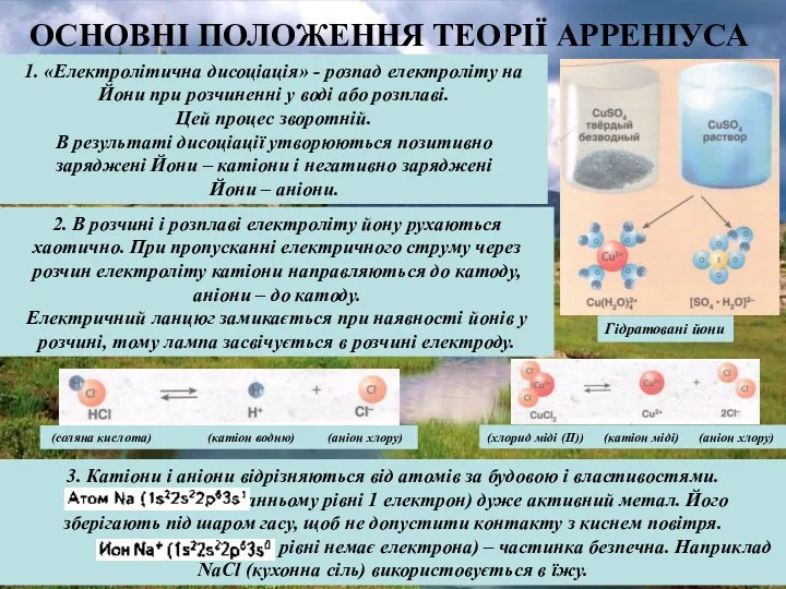 ОСНОВНІ ПОЛОЖЕННЯ ТЕОРІЇ АРРЕНІУСА 1. «Електролітична дисоціація» - розпад електроліту